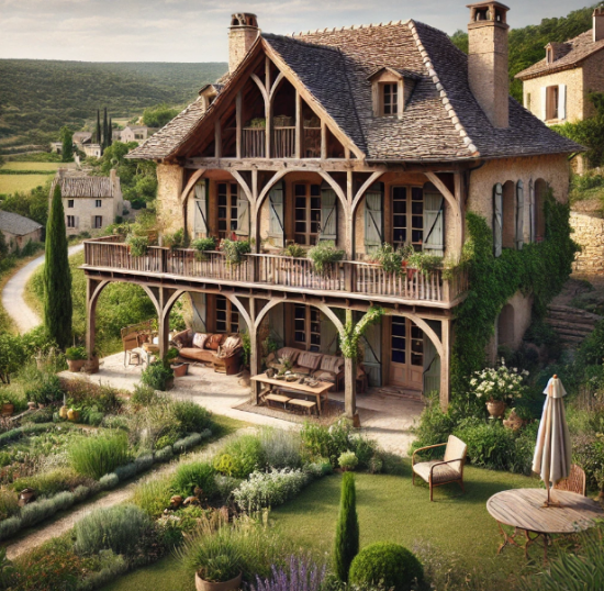 Construction de maison traditionnelle avec charpente apparente et grand jardin près de Gordes